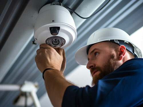 Electrician fixing cctv camera, Generative AI