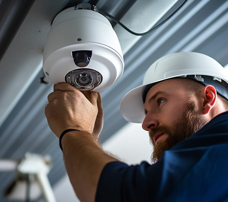 Electrician fixing cctv camera, Generative AI